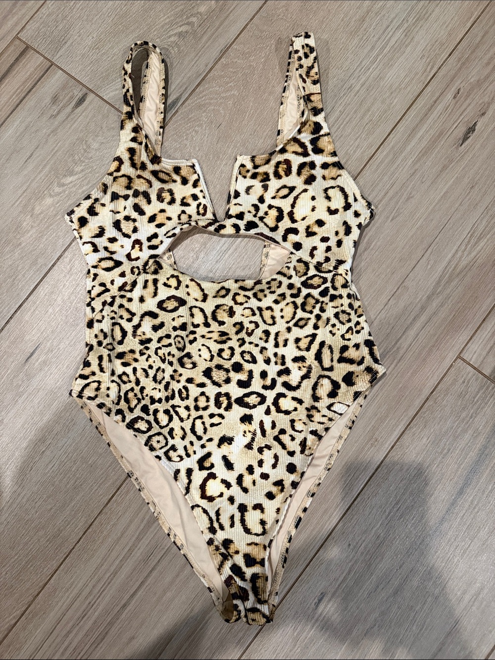 Leopard Print Cutout One-Piece Swimsuit - Beige